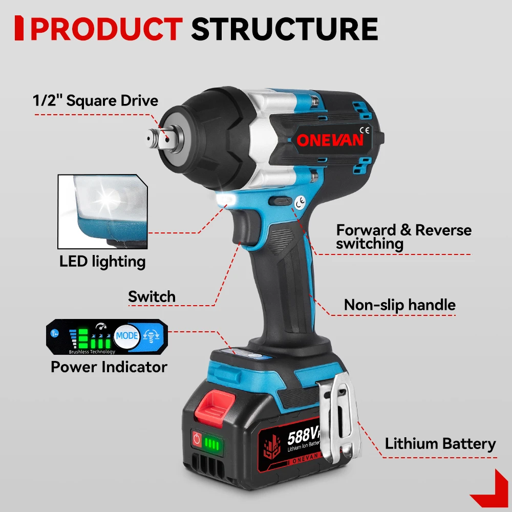 ONEVAN High Torque Cordless Brushless Electric Impact Wrench 1800N.M 1/2" Drill Screwdrivers Power Tools For Makita Battery Pin