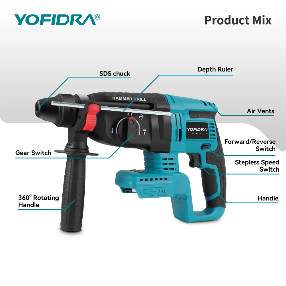 YOFIDRA 26MM Brushless Electric Hammer Drill 1680W Cordless Multifunctional Rotary Hammer Drill Tool For Makita 18V Battery Pin