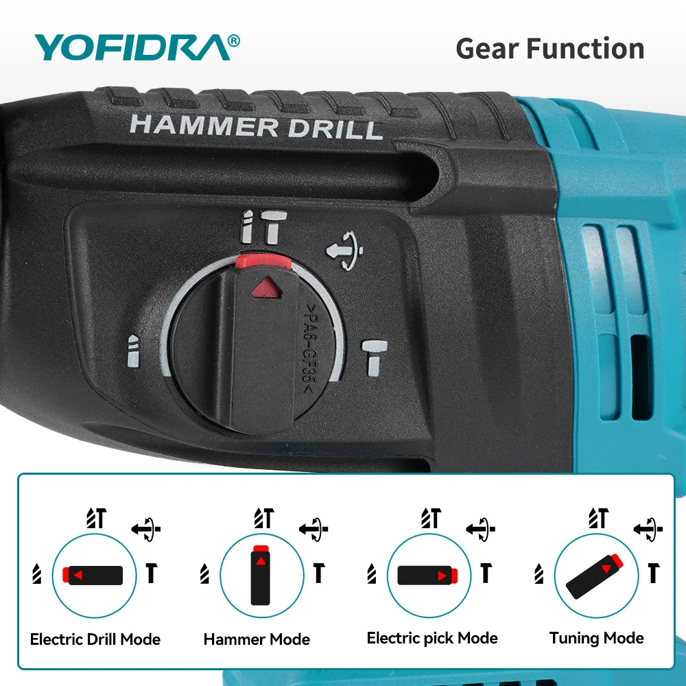 YOFIDRA 26MM Brushless Electric Hammer Drill 1680W Cordless Multifunctional Rotary Hammer Drill Tool For Makita 18V Battery Pin