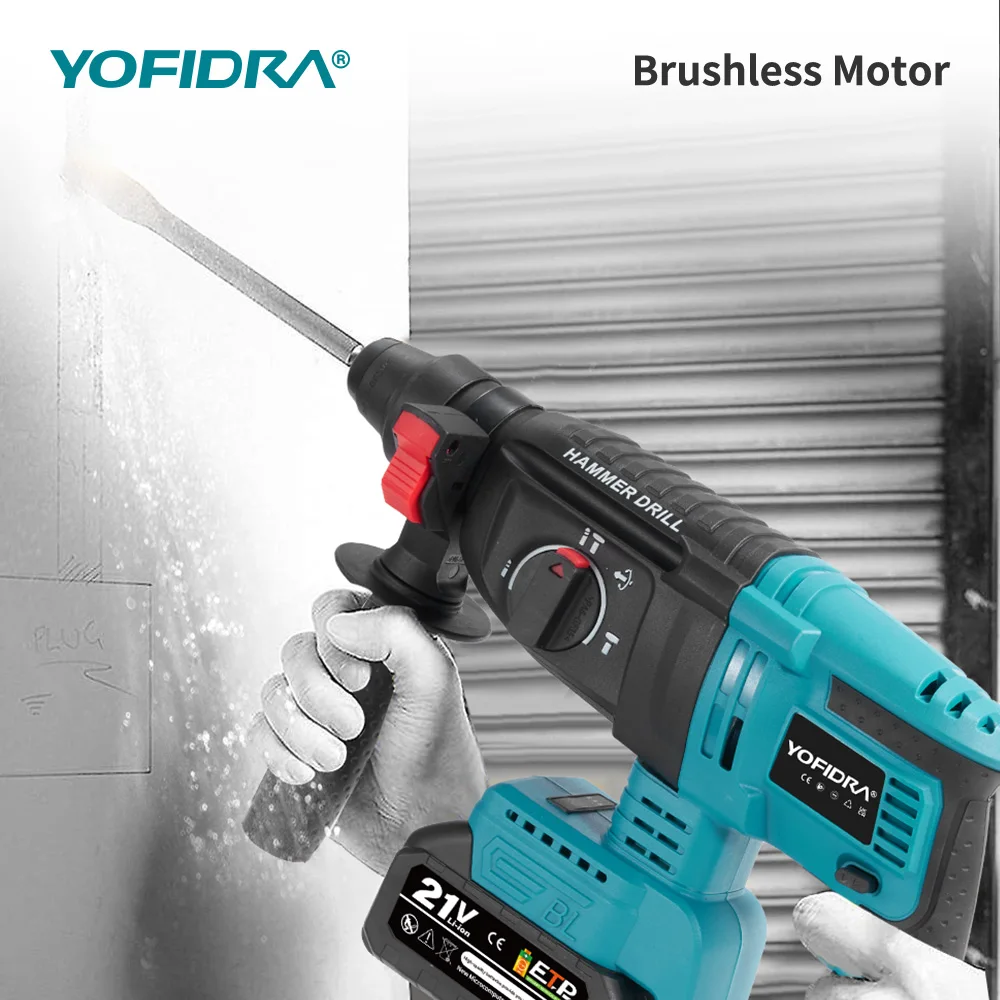 YOFIDRA 26MM Brushless Electric Hammer Drill 1680W Cordless Multifunctional Rotary Hammer Drill Tool For Makita 18V Battery Pin