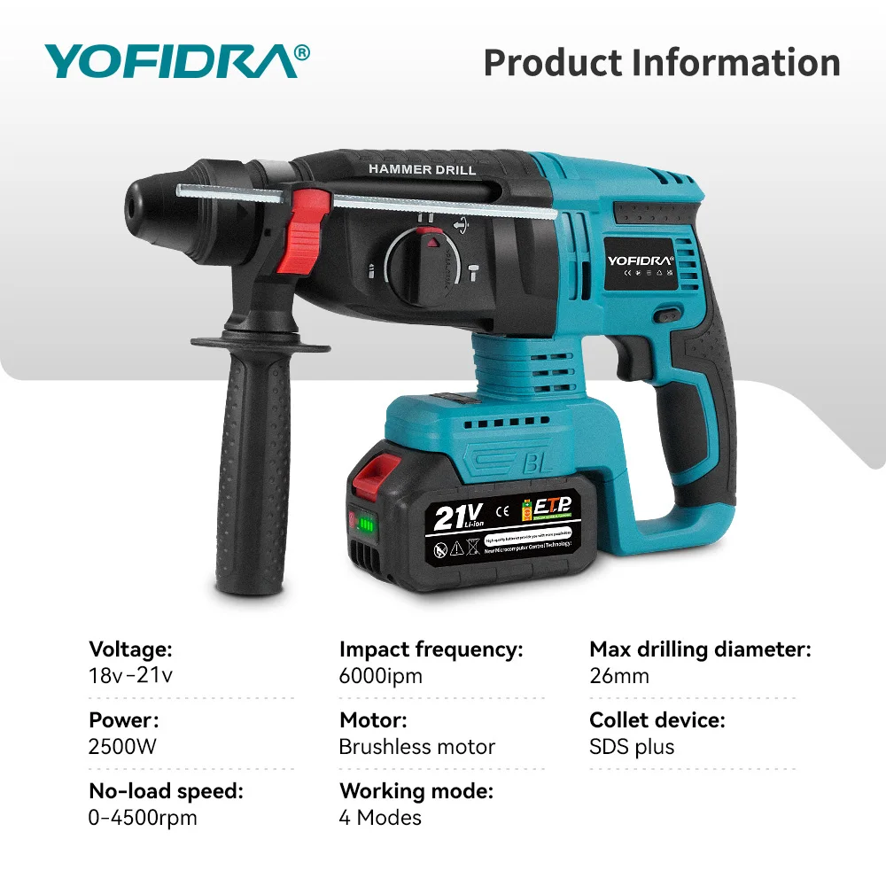 YOFIDRA 26MM Brushless Electric Hammer Drill 1680W Cordless Multifunctional Rotary Hammer Drill Tool For Makita 18V Battery Pin