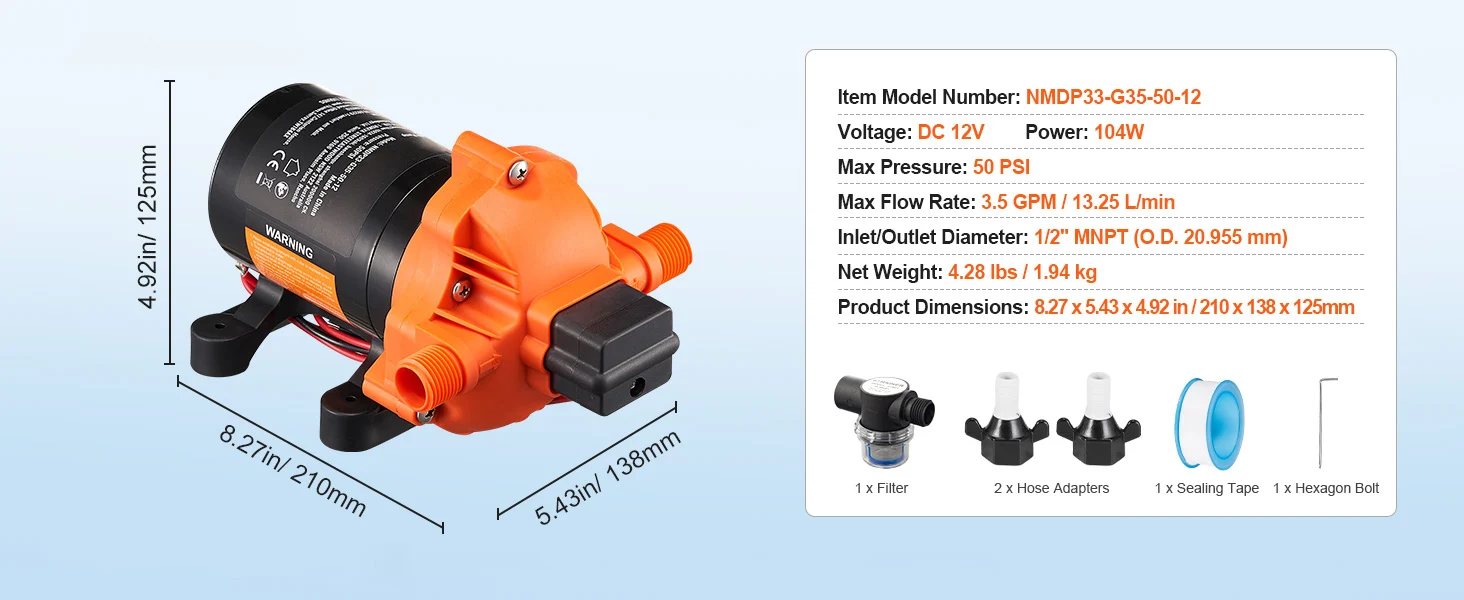 SucceBuy 12V Diaphragm Pump 1.8/3/3.5/5 GPM 3/4/5-Chamber 40-100 PSI Adjustable 1/2'' MNPT Port, for RV Yacht Food Truck Camper