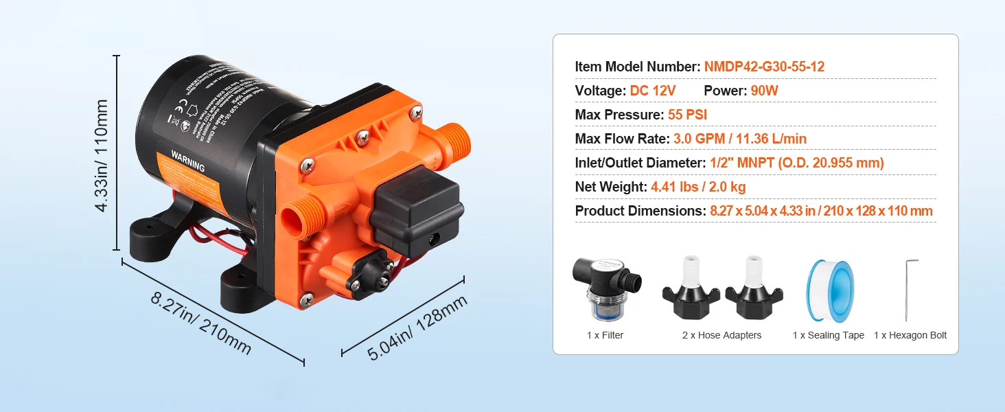 SucceBuy 12V Diaphragm Pump 1.8/3/3.5/5 GPM 3/4/5-Chamber 40-100 PSI Adjustable 1/2'' MNPT Port, for RV Yacht Food Truck Camper