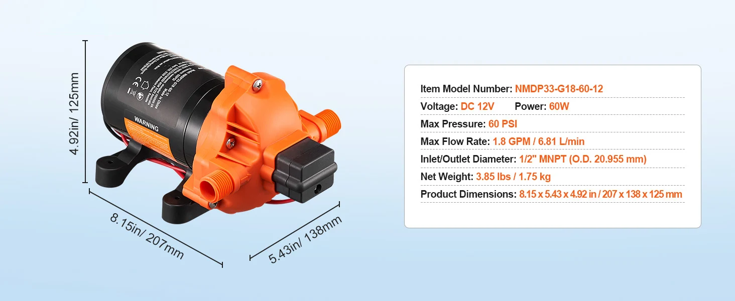 SucceBuy 12V Diaphragm Pump 1.8/3/3.5/5 GPM 3/4/5-Chamber 40-100 PSI Adjustable 1/2'' MNPT Port, for RV Yacht Food Truck Camper