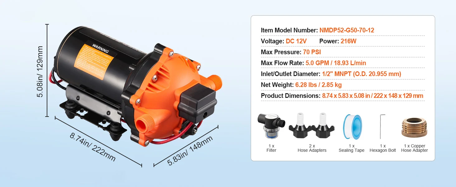 SucceBuy 12V Diaphragm Pump 1.8/3/3.5/5 GPM 3/4/5-Chamber 40-100 PSI Adjustable 1/2'' MNPT Port, for RV Yacht Food Truck Camper
