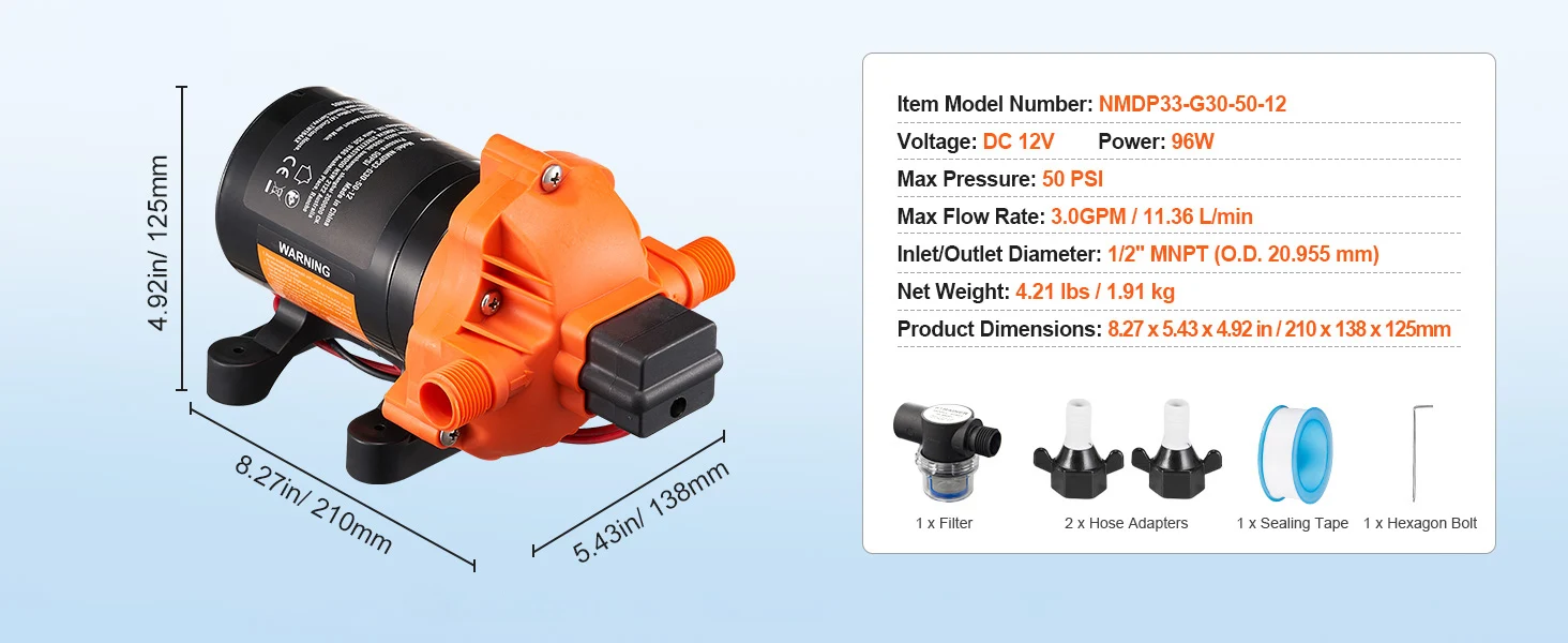 SucceBuy 12V Diaphragm Pump 1.8/3/3.5/5 GPM 3/4/5-Chamber 40-100 PSI Adjustable 1/2'' MNPT Port, for RV Yacht Food Truck Camper