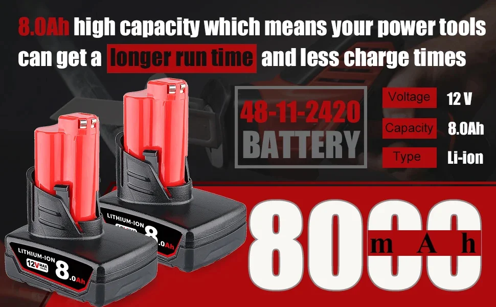 Upgraded 1/2/4Pcs 8.0Ah M12 Replace for Milwaukee 12V Li-on Battery Pin+M12-18C Charger, Compatible with Cordless Power Tools