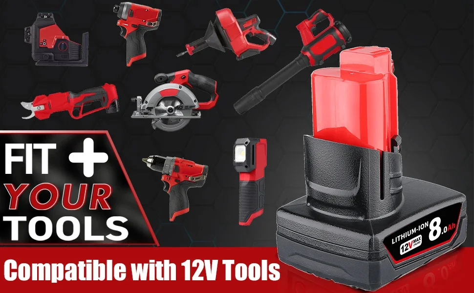 Upgraded 1/2/4Pcs 8.0Ah M12 Replace for Milwaukee 12V Li-on Battery Pin+M12-18C Charger, Compatible with Cordless Power Tools