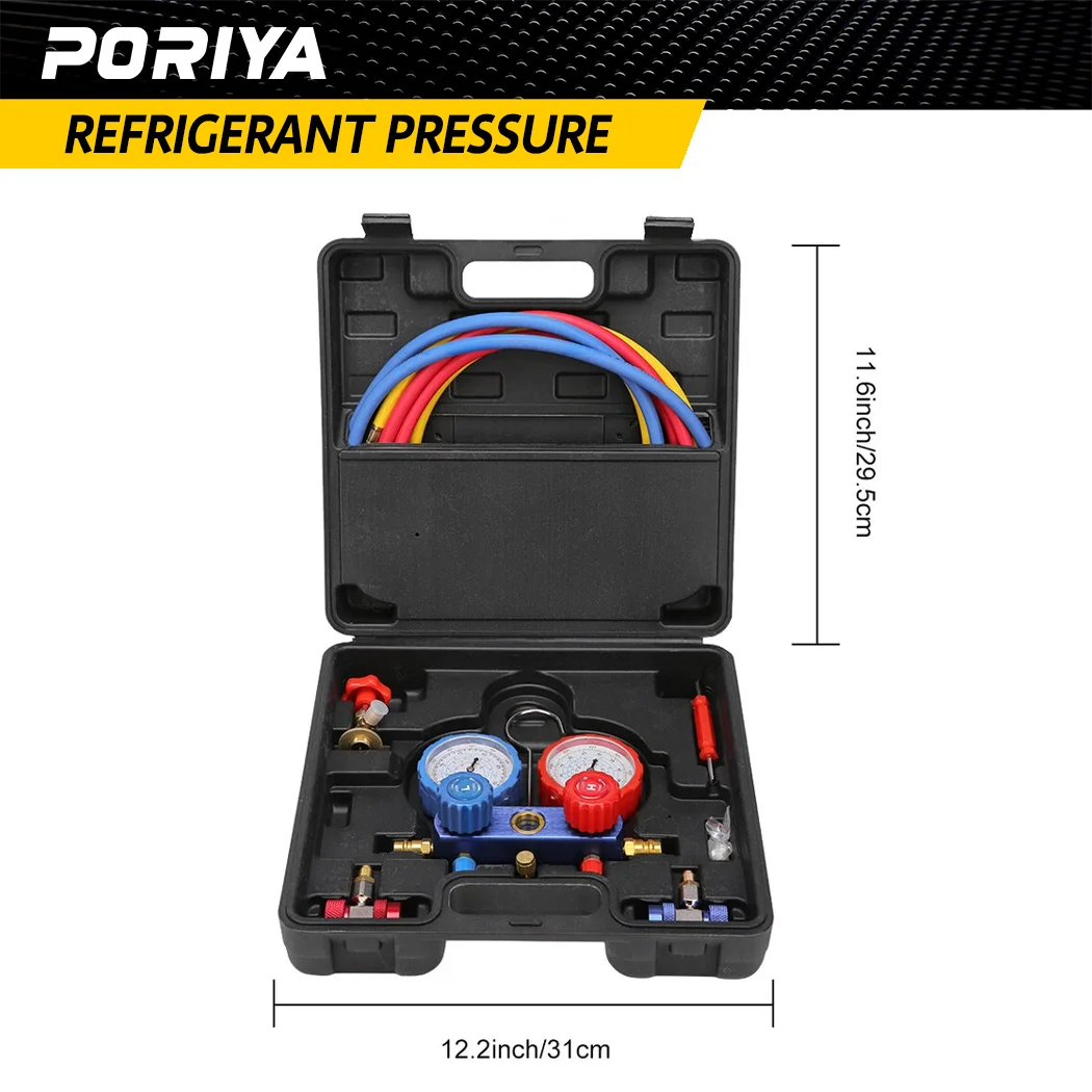 PORIYA Air Conditioner A/C Refrigeration Tools Kit Manifold Gauge Set 5 Feet R134A R12