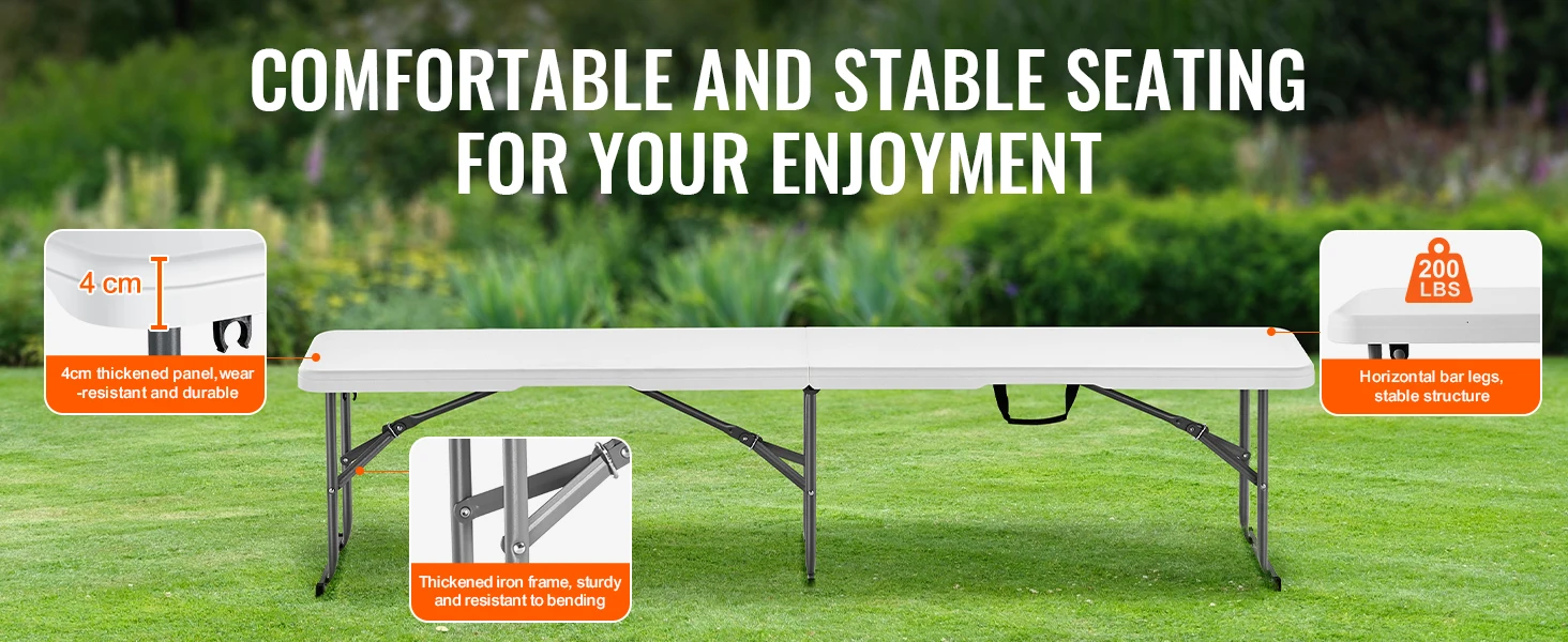 SucceBuy Plastic Folding Bench 6 FT Portable Folding Bench with Carrying Handle for Garden Soccer Entertaining Activity White