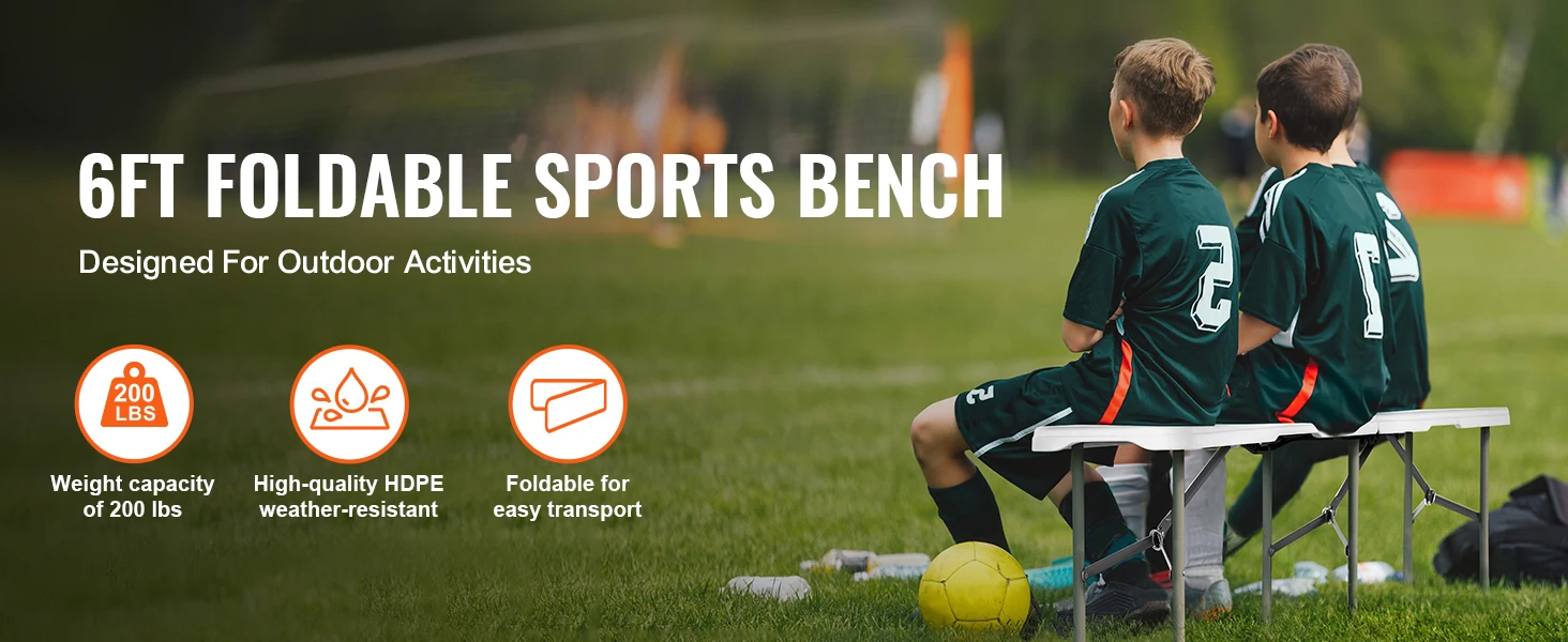 SucceBuy Plastic Folding Bench 6 FT Portable Folding Bench with Carrying Handle for Garden Soccer Entertaining Activity White