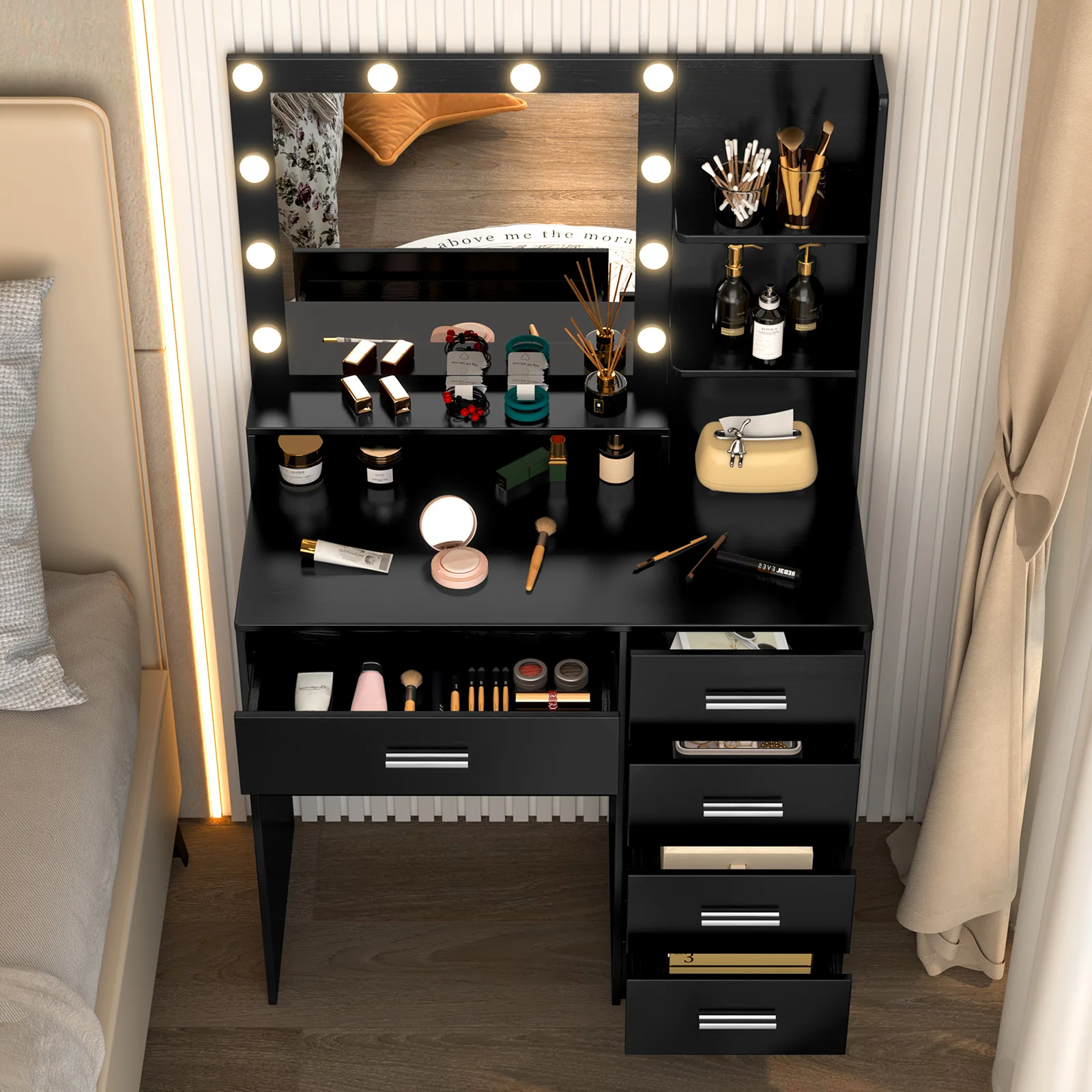 Black Dressing Table LED Makeup Mirror Set Vanity Desk 10 LED Bulb and 5 Drawers