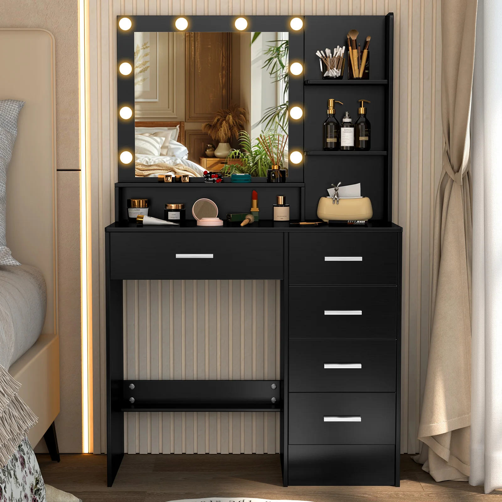 Black Dressing Table LED Makeup Mirror Set Vanity Desk 10 LED Bulb and 5 Drawers