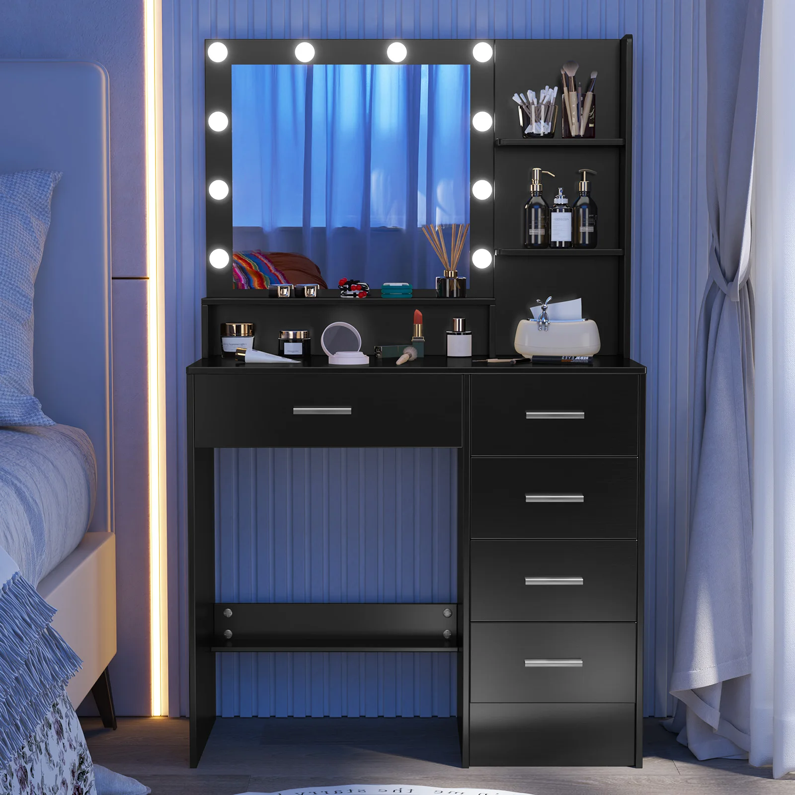 Black Dressing Table LED Makeup Mirror Set Vanity Desk 10 LED Bulb and 5 Drawers