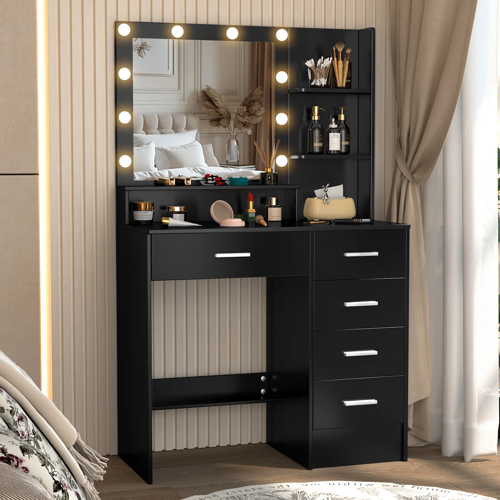 Black Dressing Table LED Makeup Mirror Set Vanity Desk 10 LED Bulb and 5 Drawers