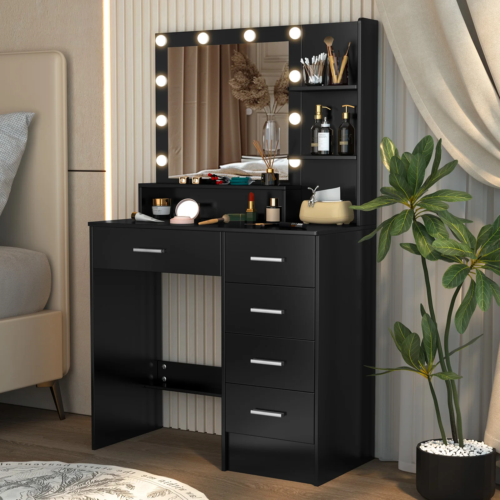 Black Dressing Table LED Makeup Mirror Set Vanity Desk 10 LED Bulb and 5 Drawers