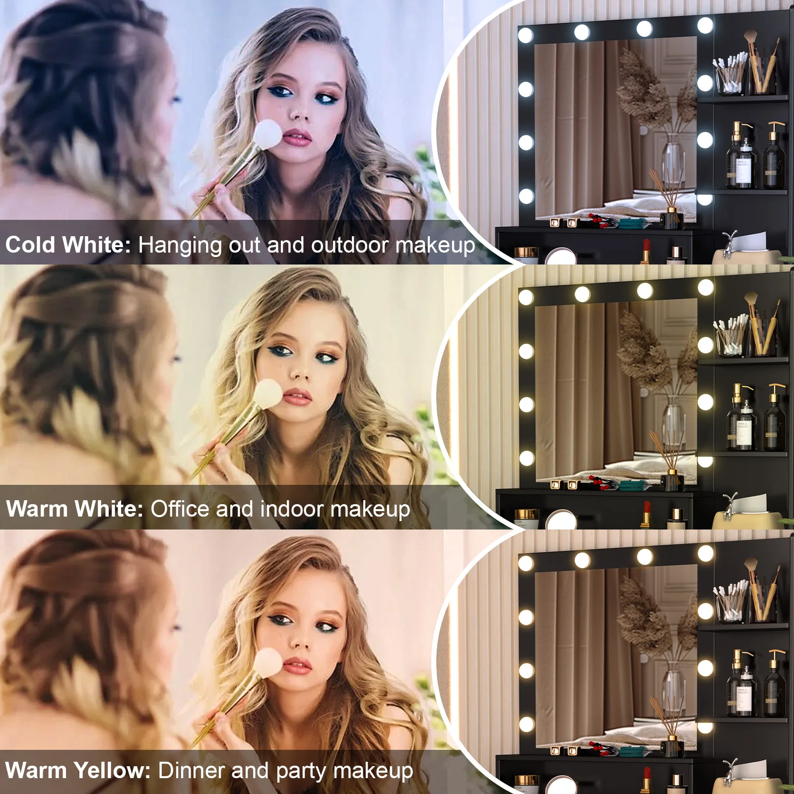 Black Dressing Table LED Makeup Mirror Set Vanity Desk 10 LED Bulb and 5 Drawers