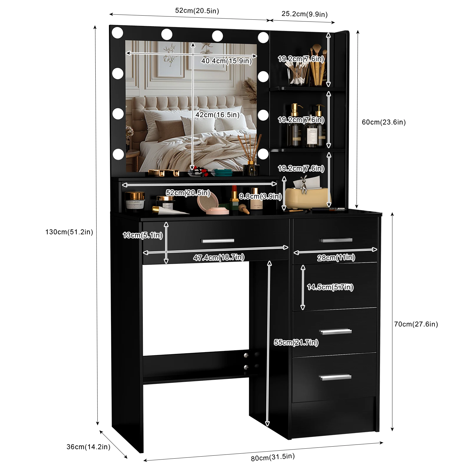 Black Dressing Table LED Makeup Mirror Set Vanity Desk 10 LED Bulb and 5 Drawers