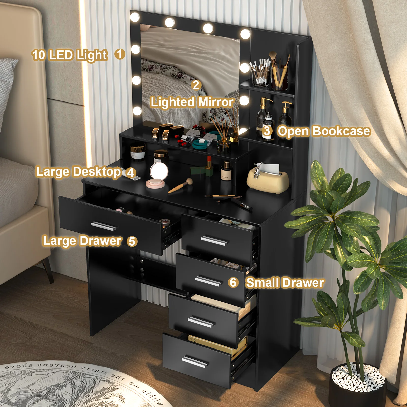 Black Dressing Table LED Makeup Mirror Set Vanity Desk 10 LED Bulb and 5 Drawers