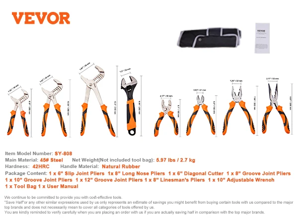 SucceBuy 8-Piece Pliers Set High Carbon Steel 12"/10"/8"Groove Joint Pliers 8"Linesman's Pliers 6"Slip Joint Pliers and Tool Bag