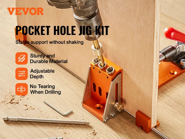 VEVOR 34 Pcs Pocket Hole Jig Kit with 11" C-clamp Fixture Step Drills Wrenches Drill Stop Rings Toolbox for Carpentry Projects