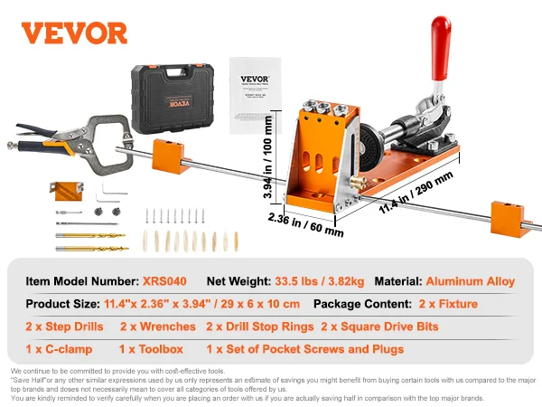VEVOR 34 Pcs Pocket Hole Jig Kit with 11" C-clamp Fixture Step Drills Wrenches Drill Stop Rings Toolbox for Carpentry Projects