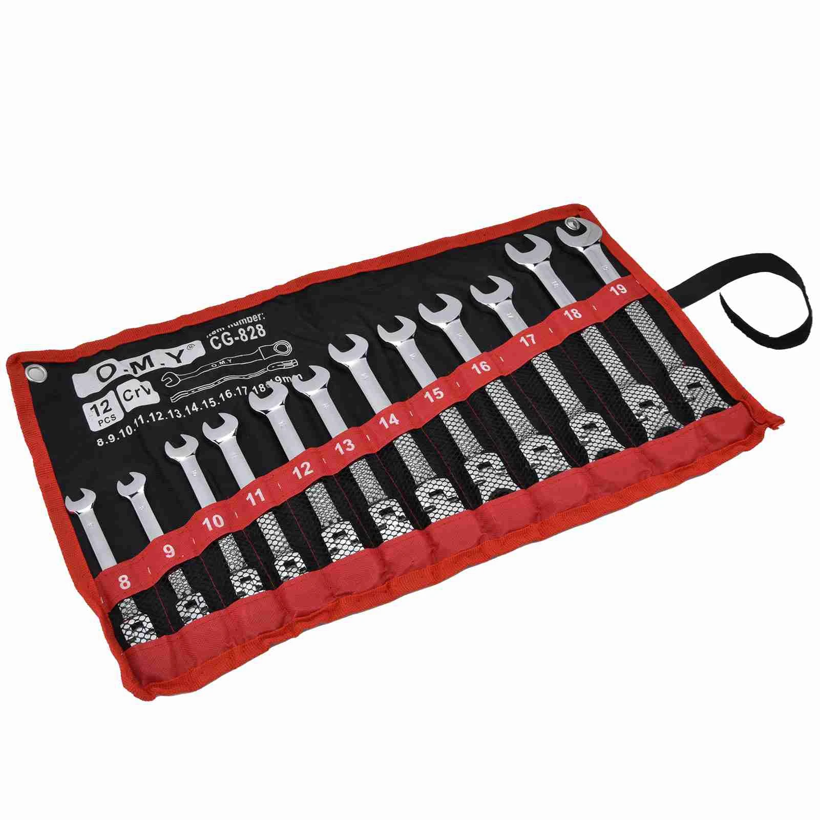 12PCS/set Ratchet Spanner Ratchet Wrench Set Kit Metric Combination Chrome Vanadium Steel 8‑19mm with Storage Bag Ratchet Wrench