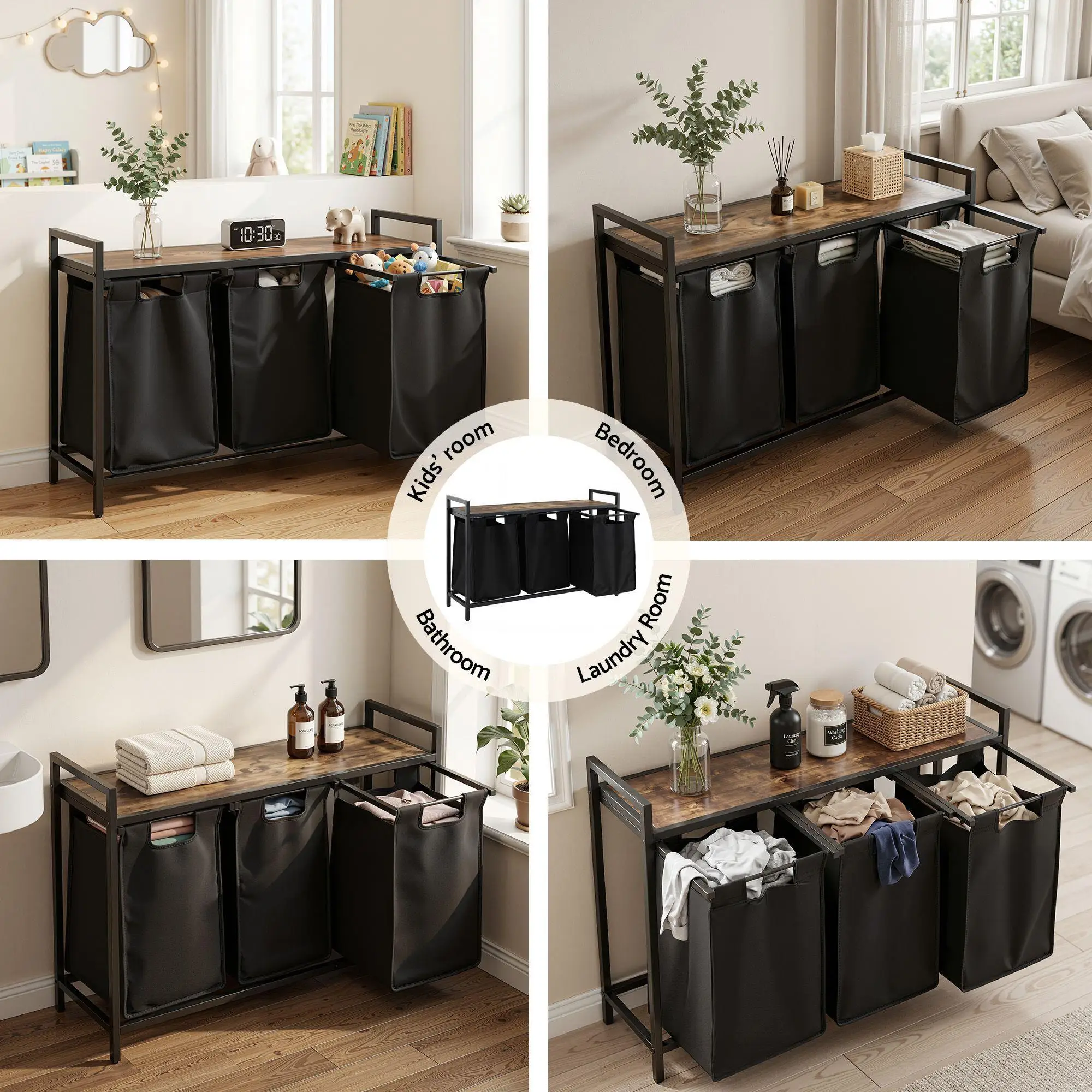 3 Section Pull Out Laundry Basket Metal Frame Black Clothes Hamper Organizer Storage Cart for Home Bedroom Bathroom
