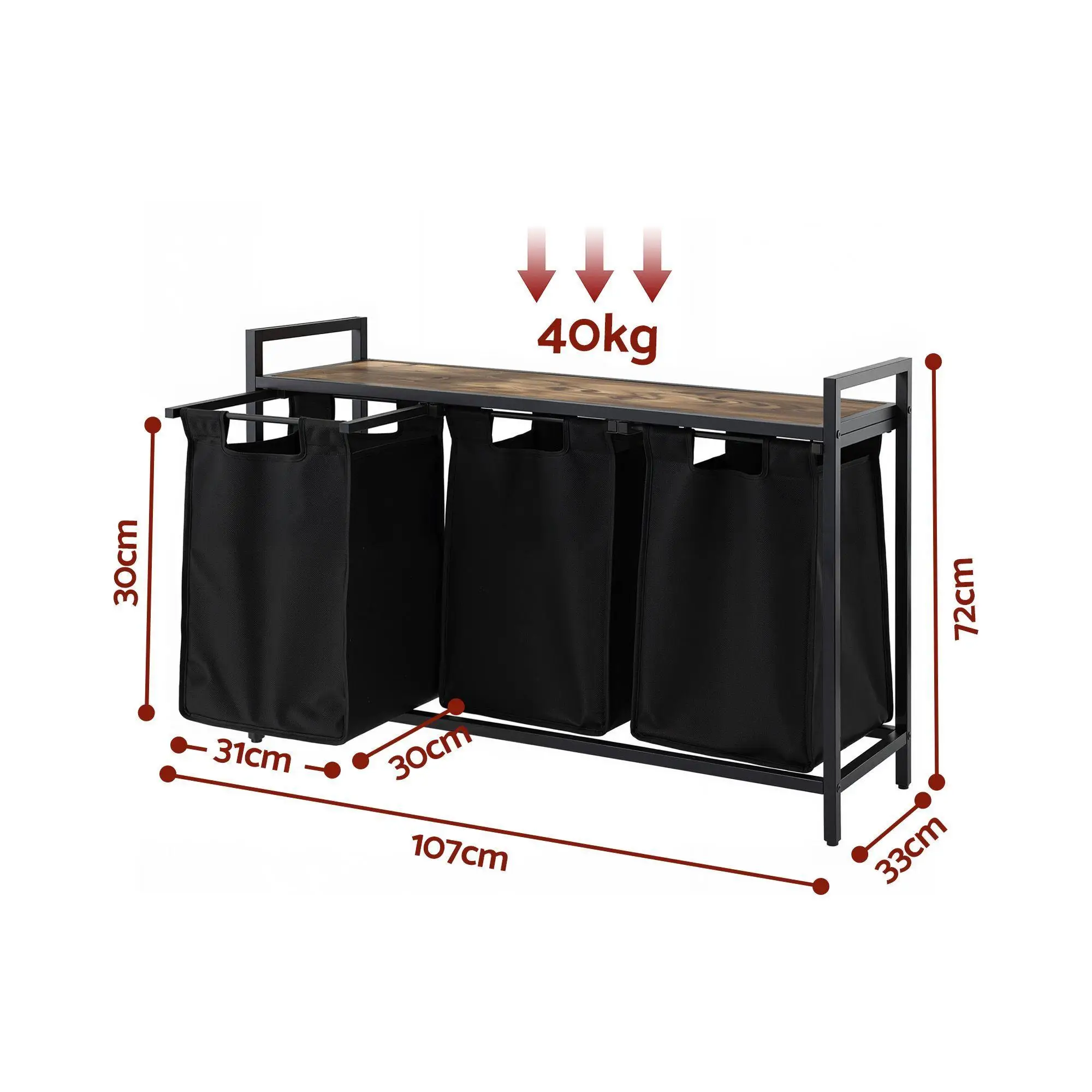 3 Section Pull Out Laundry Basket Metal Frame Black Clothes Hamper Organizer Storage Cart for Home Bedroom Bathroom