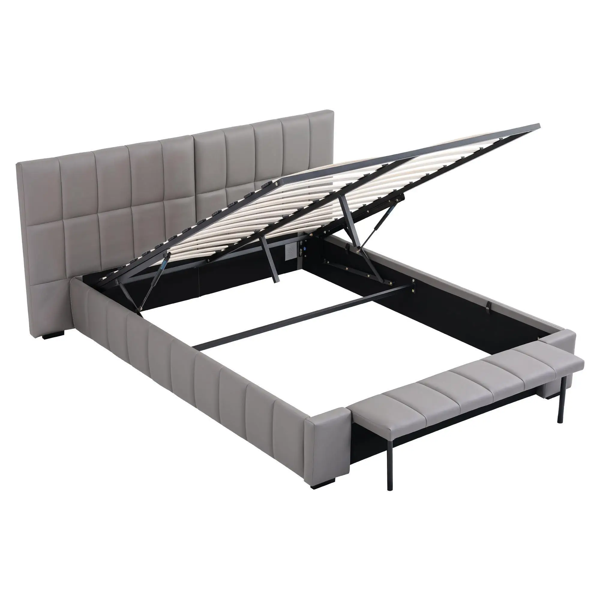 Double Size Upholstered Gas Lift Storage Bed Frame with Foldable Bench PVC Leather Platform Platform Bed Frame for Bedroom Use