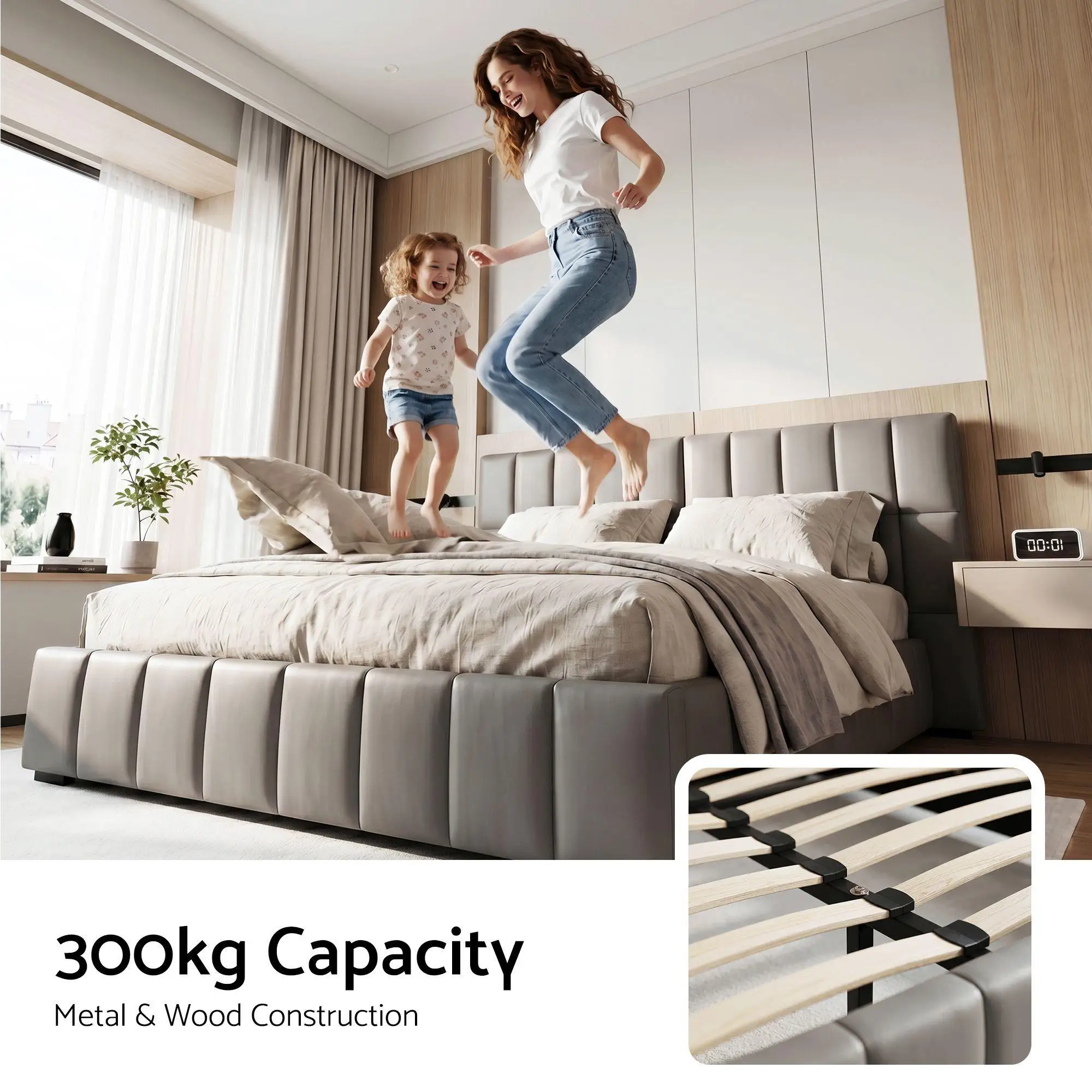 Double Size Upholstered Gas Lift Storage Bed Frame with Foldable Bench PVC Leather Platform Platform Bed Frame for Bedroom Use