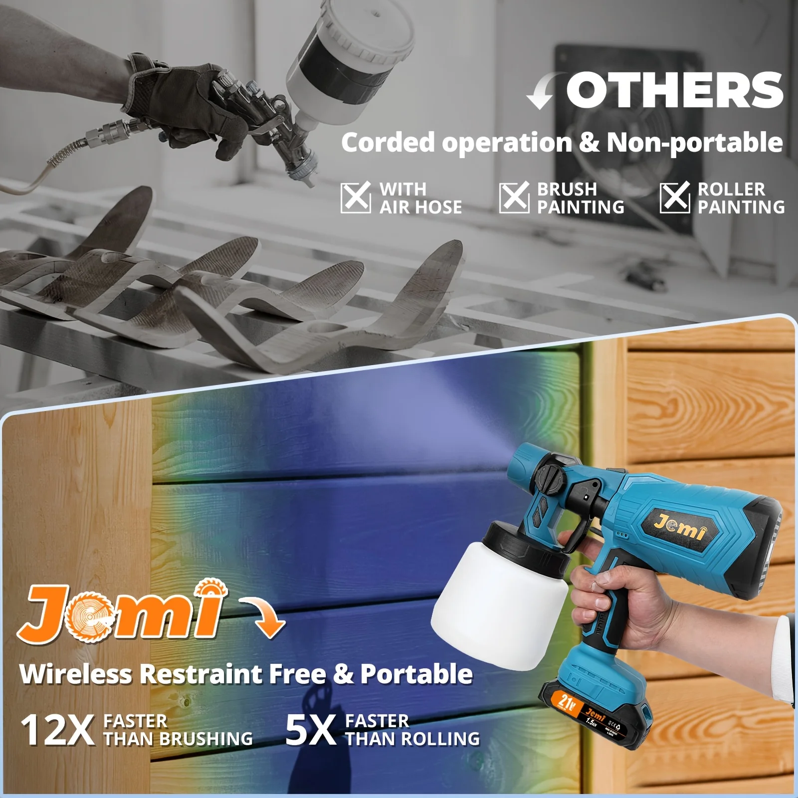 Jemi Tool Cordless Spray Paint Gun, 1000ml Large Capacity HVLP Spray Paint Gun, with 3 Adjustable Spraying Modes and Flow Rate, Equipped with 3 Adjustable Spray Nozzles for Varying Spray Widths, Suitable for Ceiling, Fence, Wall and Furniture Painting.