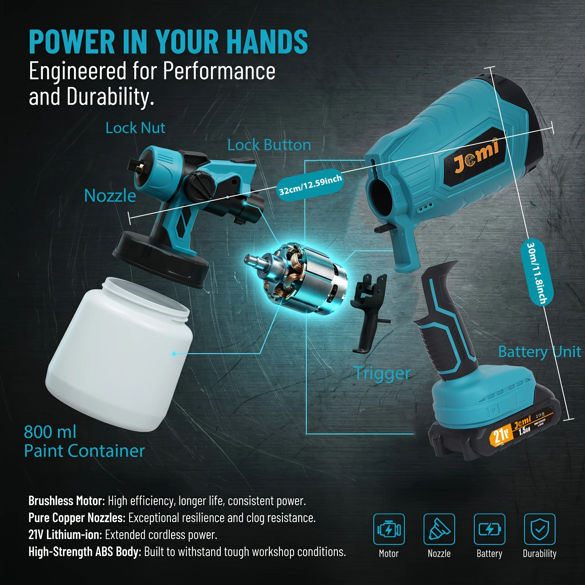 Jemi Tool Cordless Spray Paint Gun, 1000ml Large Capacity HVLP Spray Paint Gun, with 3 Adjustable Spraying Modes and Flow Rate, Equipped with 3 Adjustable Spray Nozzles for Varying Spray Widths, Suitable for Ceiling, Fence, Wall and Furniture Painting.