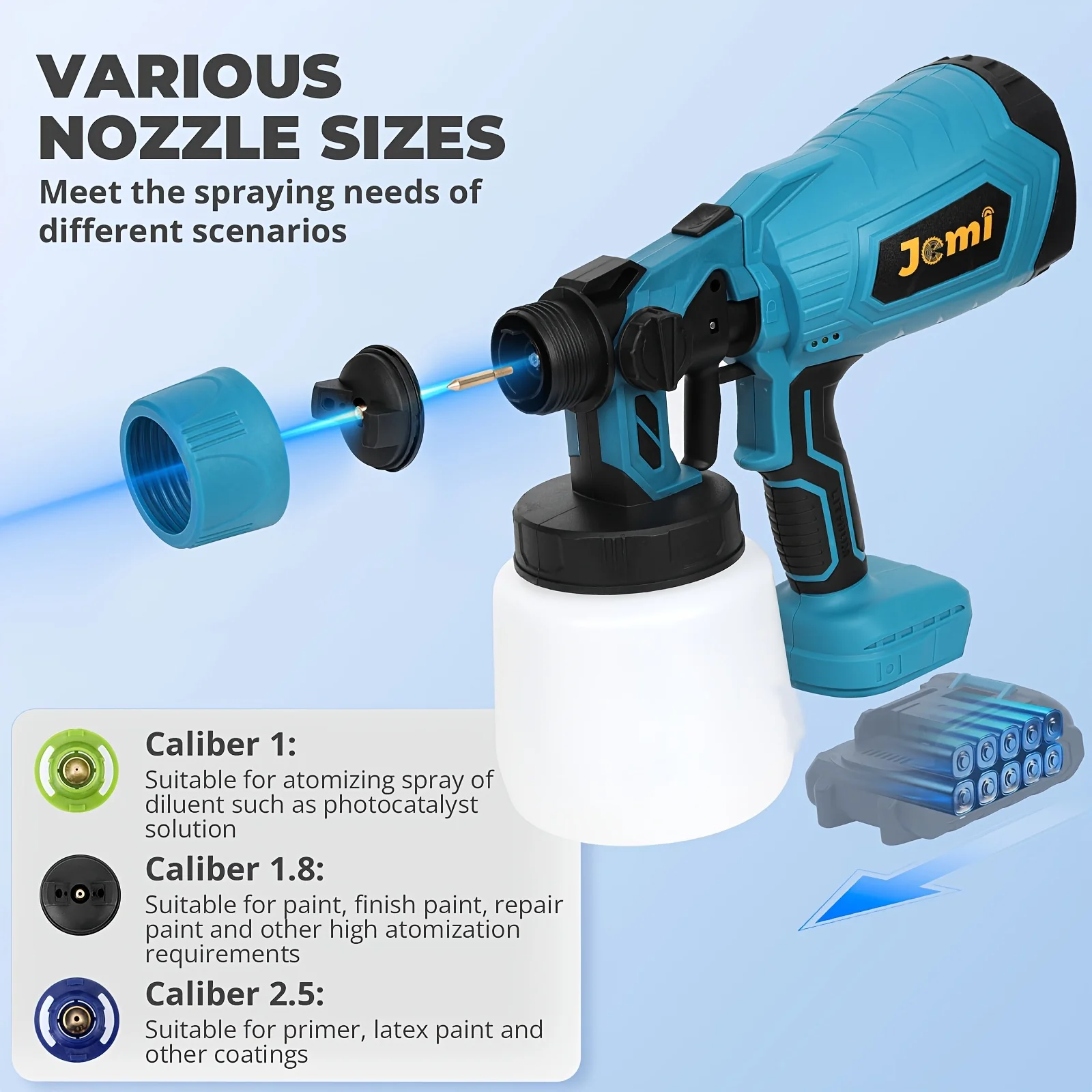 Jemi Tool Cordless Spray Paint Gun, 1000ml Large Capacity HVLP Spray Paint Gun, with 3 Adjustable Spraying Modes and Flow Rate, Equipped with 3 Adjustable Spray Nozzles for Varying Spray Widths, Suitable for Ceiling, Fence, Wall and Furniture Painting.
