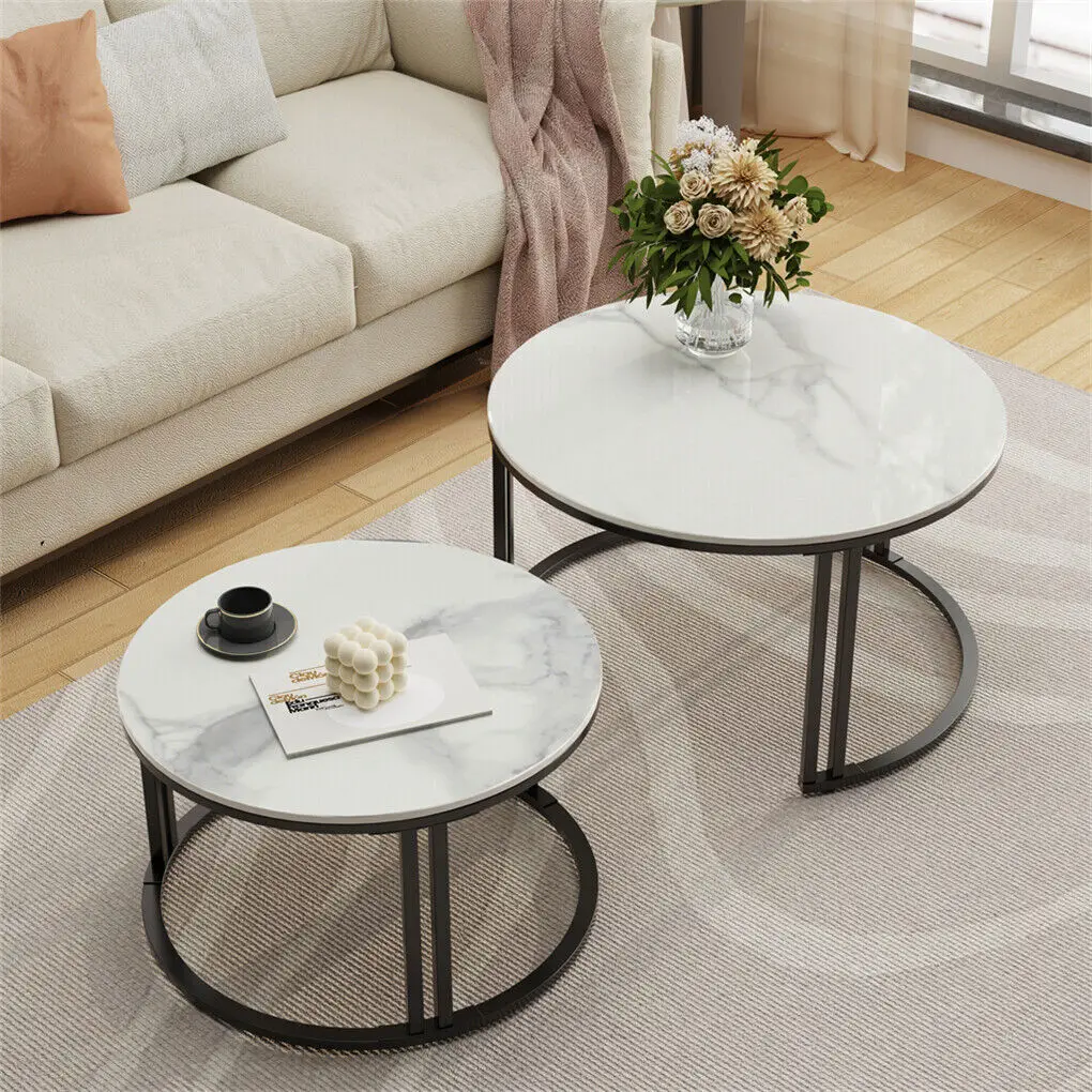 Coffee Table Set of 2 Nesting Accent Tables White Marble Top Stacking Side Desk