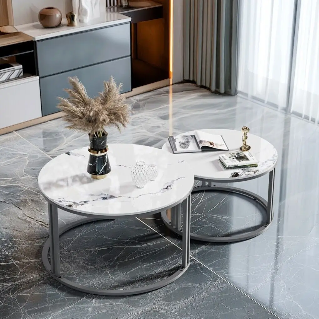 Coffee Table Set of 2 Nesting Accent Tables White Marble Top Stacking Side Desk