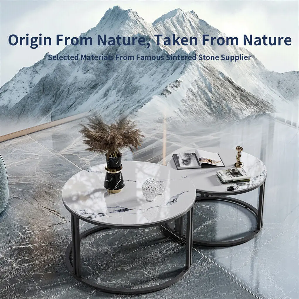Coffee Table Set of 2 Nesting Accent Tables White Marble Top Stacking Side Desk