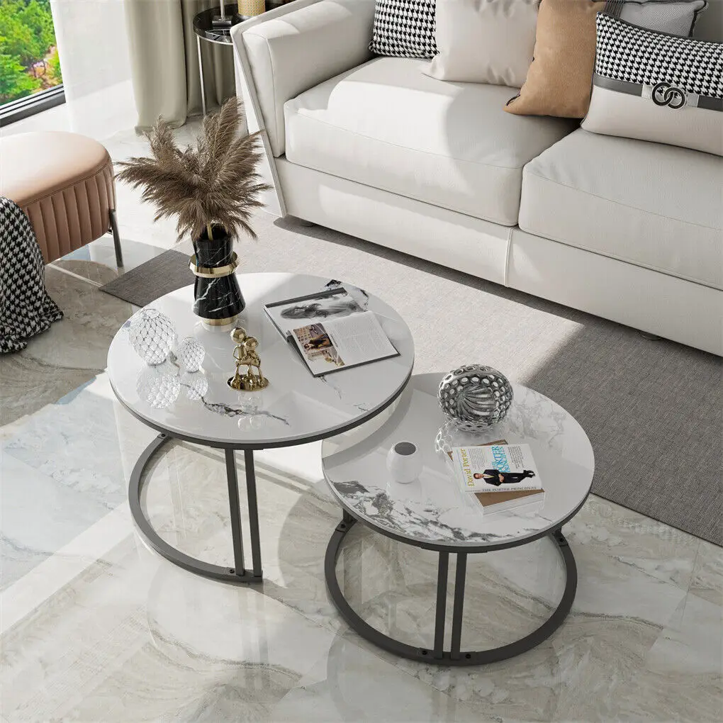 Coffee Table Set of 2 Nesting Accent Tables White Marble Top Stacking Side Desk