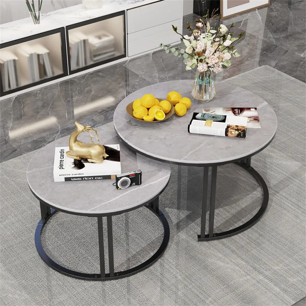 Coffee Table Set of 2 Nesting Accent Tables White Marble Top Stacking Side Desk