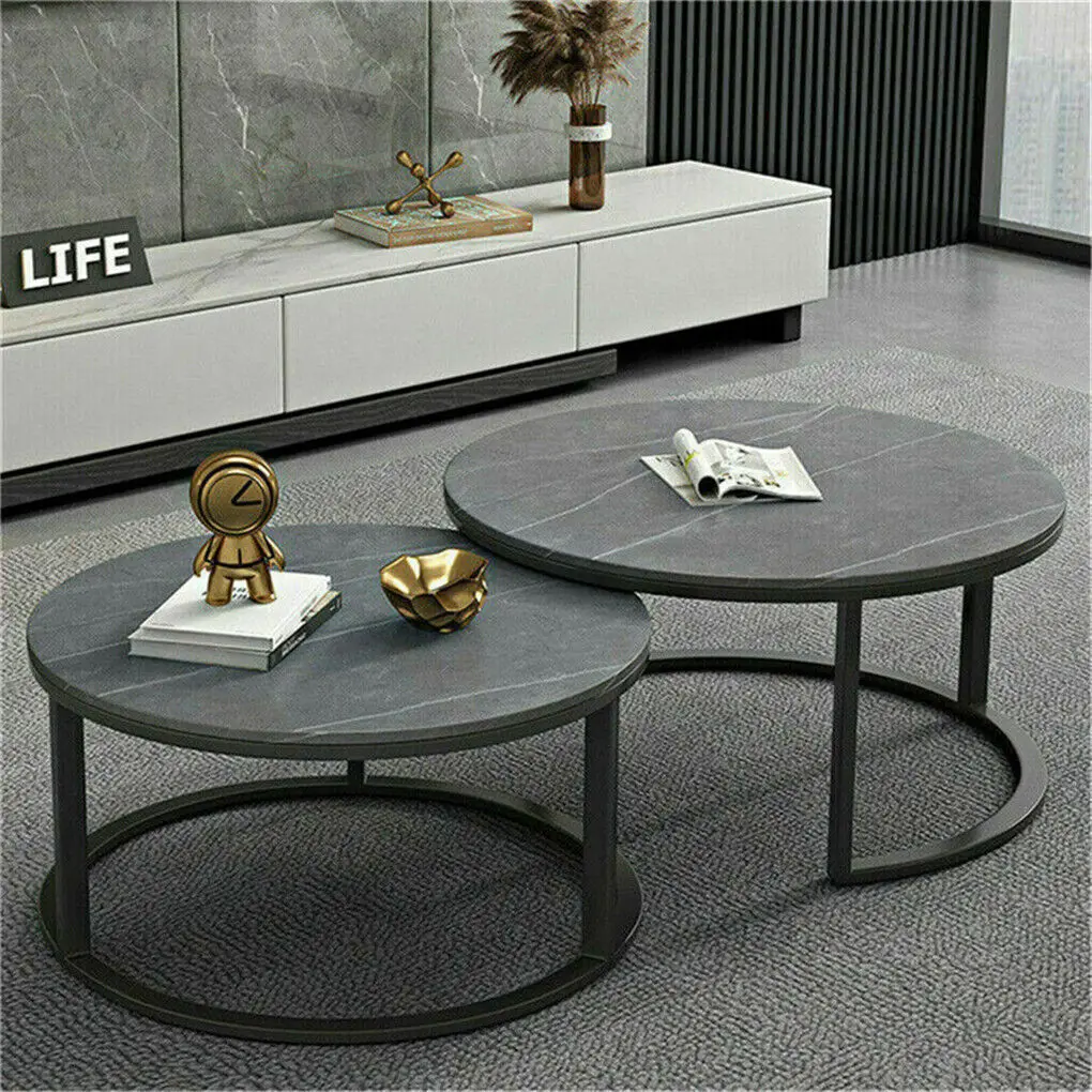 Coffee Table Set of 2 Nesting Accent Tables White Marble Top Stacking Side Desk