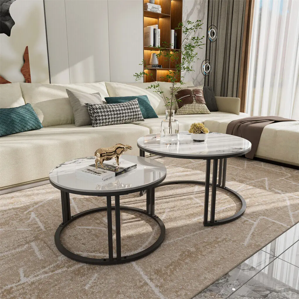 Coffee Table Set of 2 Nesting Accent Tables White Marble Top Stacking Side Desk