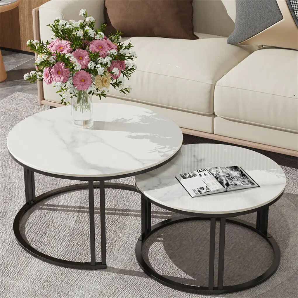 Coffee Table Set of 2 Nesting Accent Tables White Marble Top Stacking Side Desk