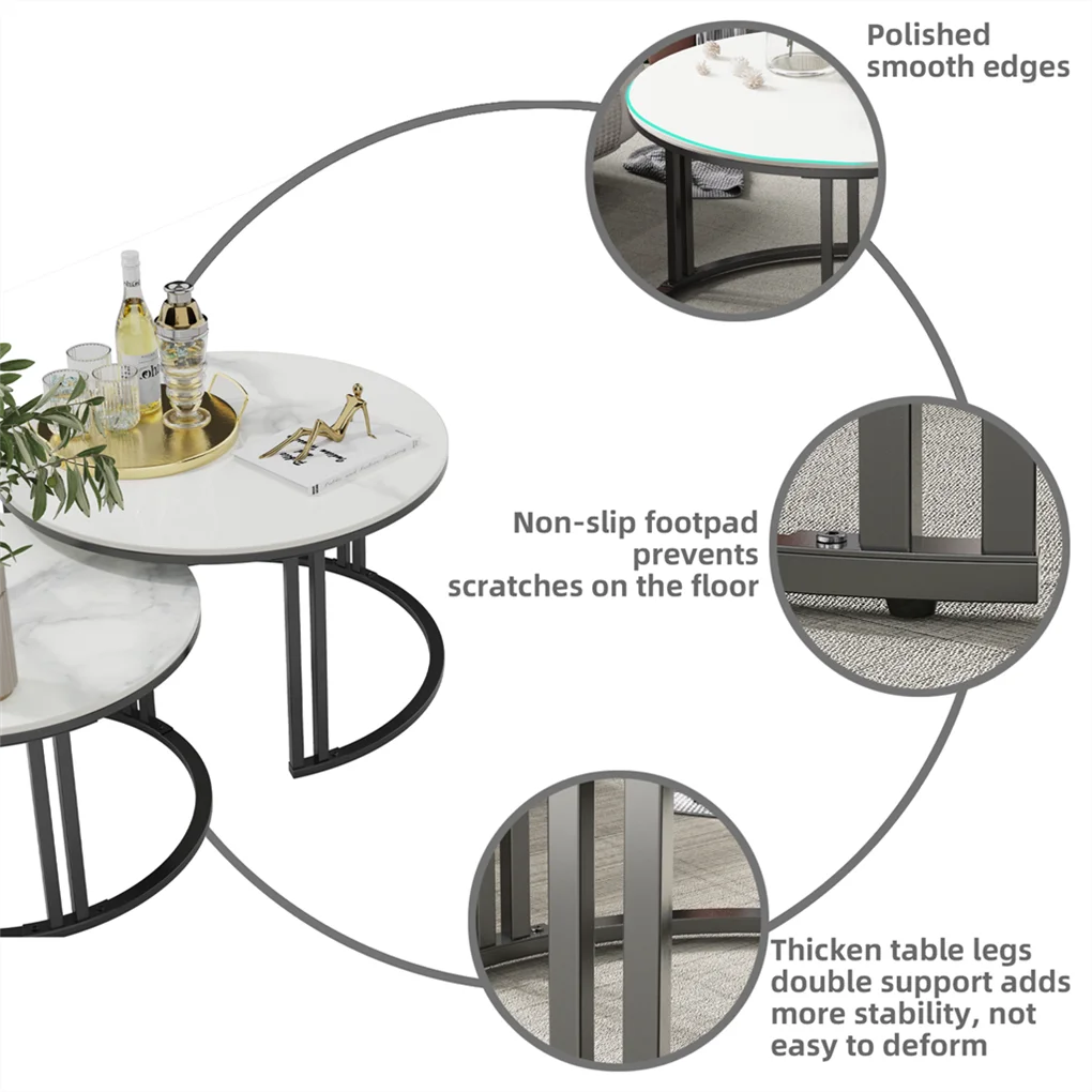 Coffee Table Set of 2 Nesting Accent Tables White Marble Top Stacking Side Desk