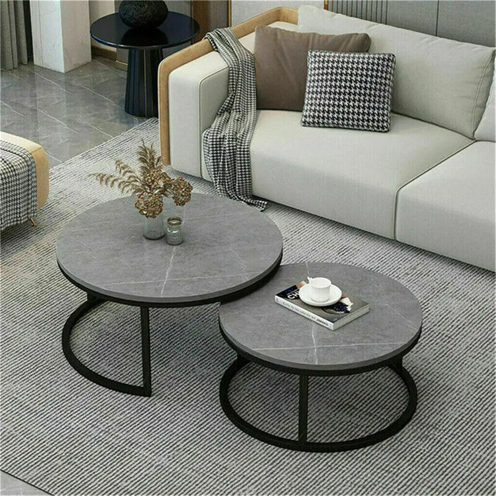Coffee Table Set of 2 Nesting Accent Tables White Marble Top Stacking Side Desk