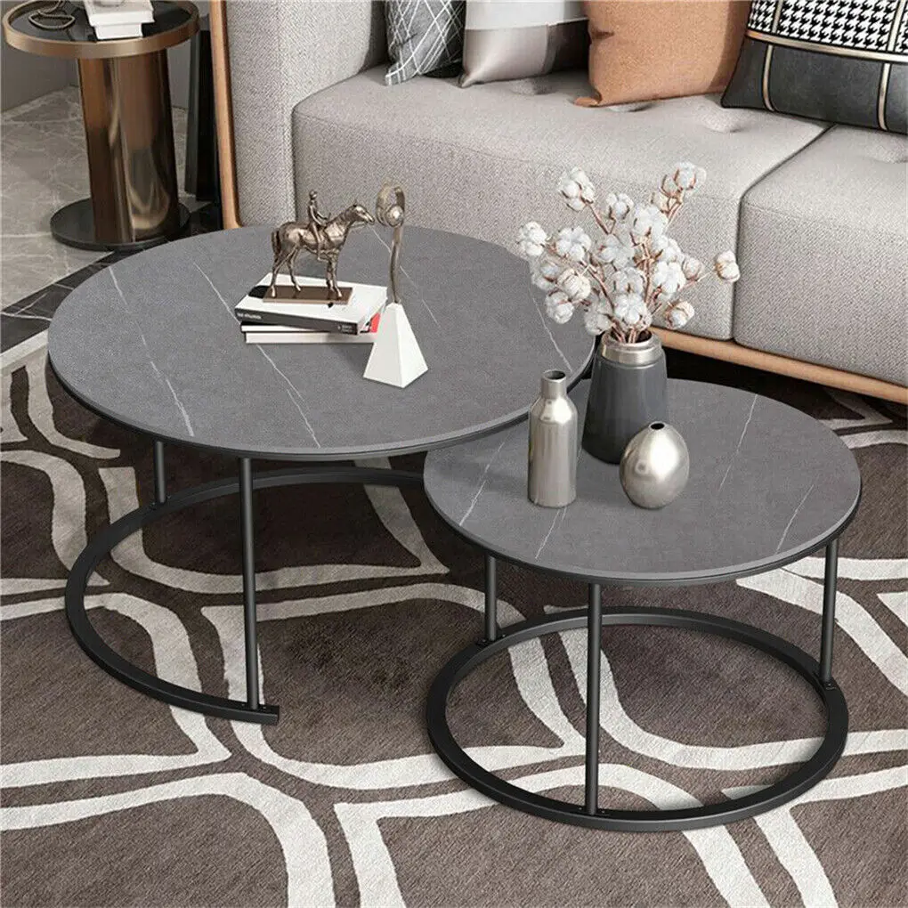 Coffee Table Set of 2 Nesting Accent Tables White Marble Top Stacking Side Desk