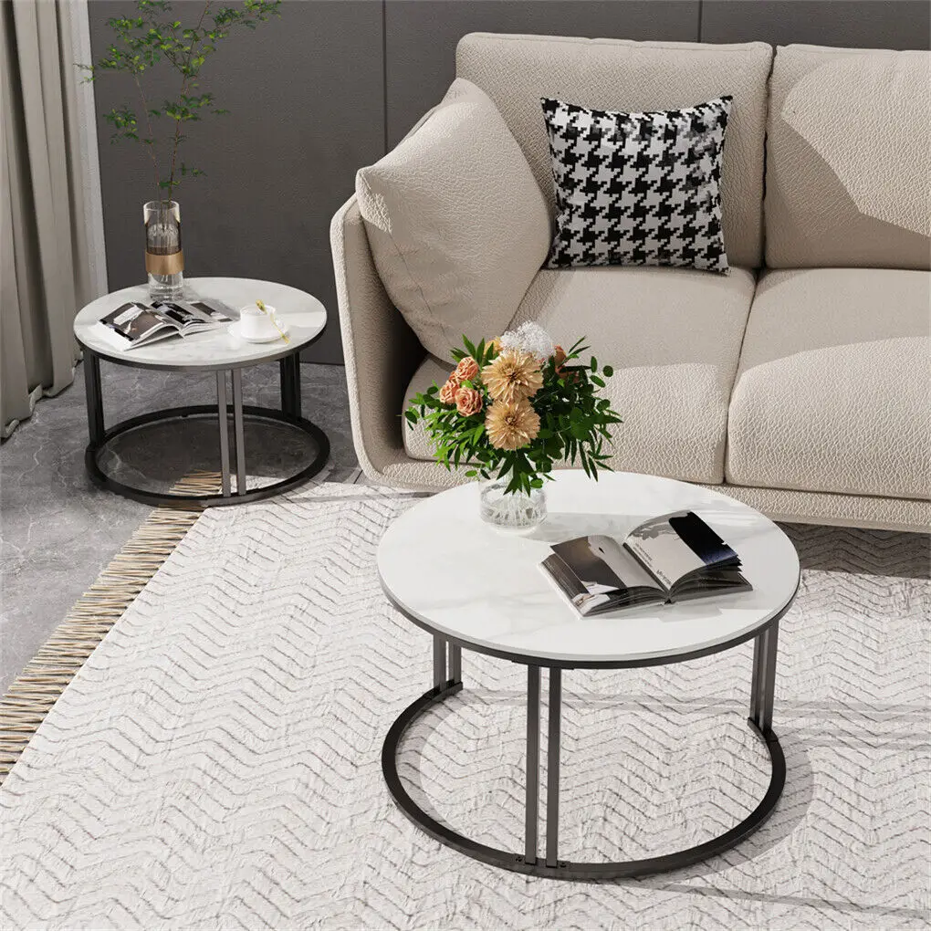 Coffee Table Set of 2 Nesting Accent Tables White Marble Top Stacking Side Desk