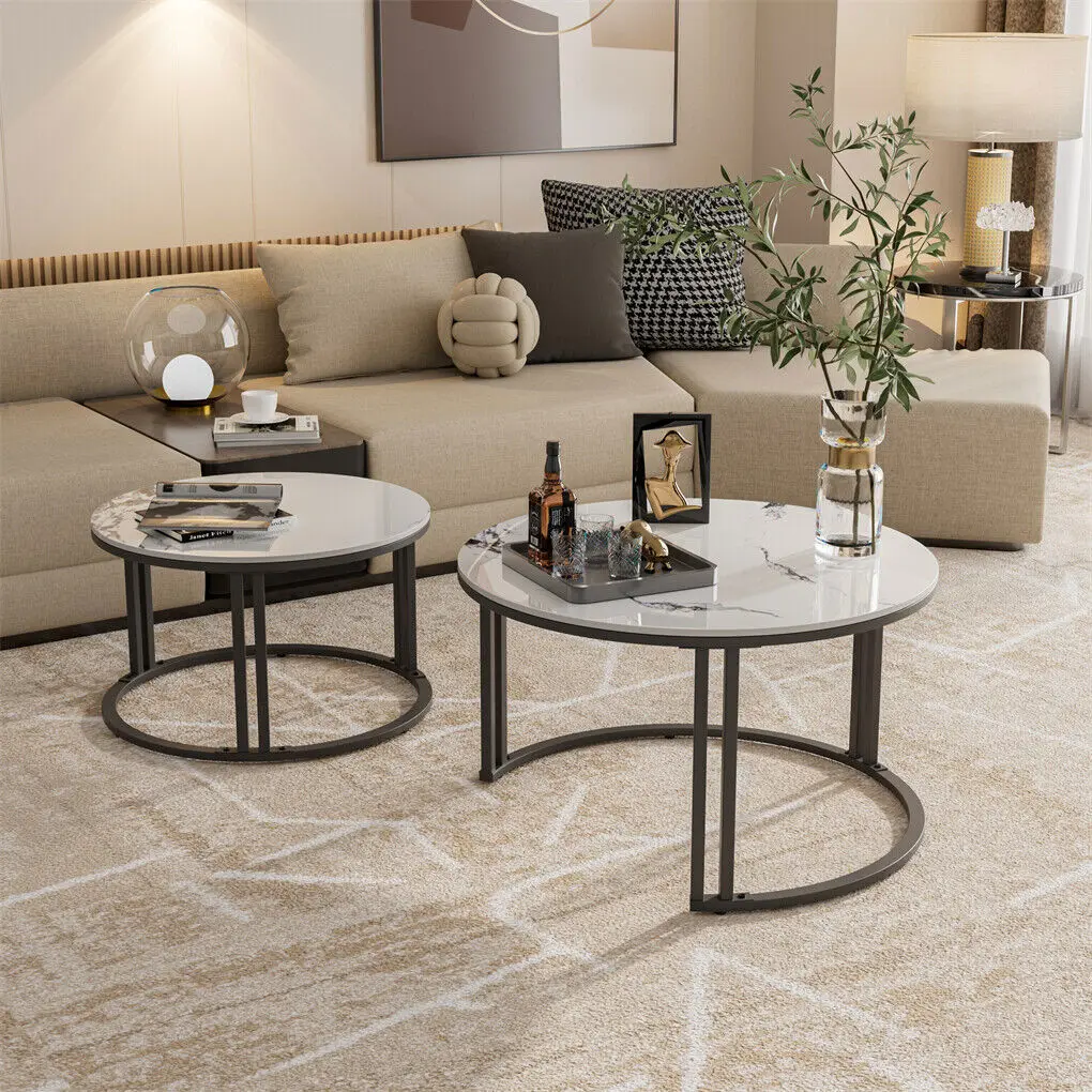 Coffee Table Set of 2 Nesting Accent Tables White Marble Top Stacking Side Desk