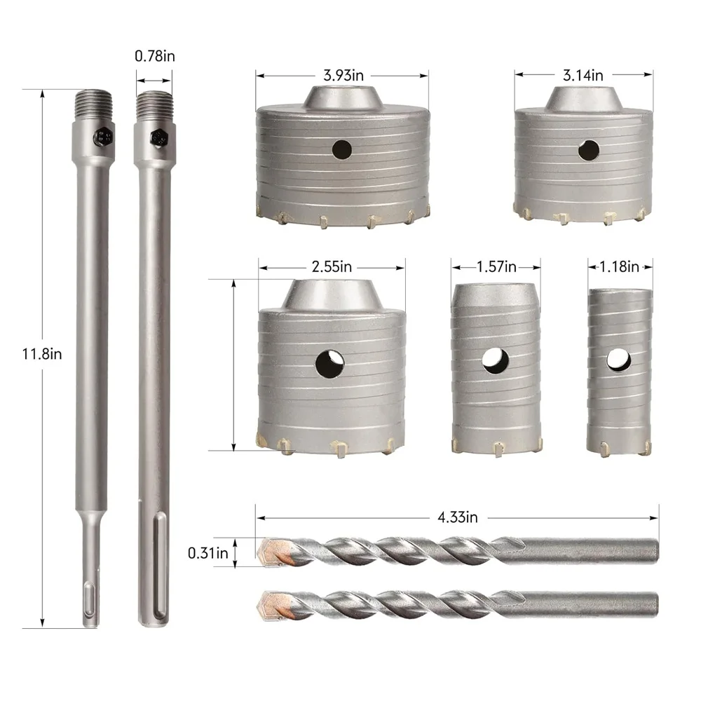 HORUSDY 9-Piece Masonry Concrete Hole Saw Kit (30 40 65 80 100 mm), 300 mm Tungsten Carbide SDS Plus and SDS Max Bit Shank