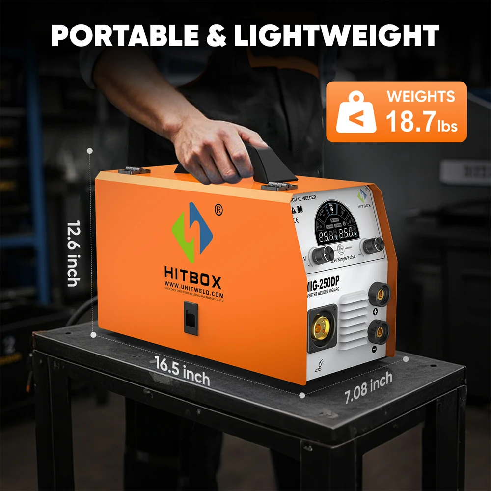 HITBOX MIG Inverter Welder 5 in 1 MMA/Gasless/Gas MIG/Lift TIG/Single Pulse Synergic Control MIG250DP Aluminum Welding Machine