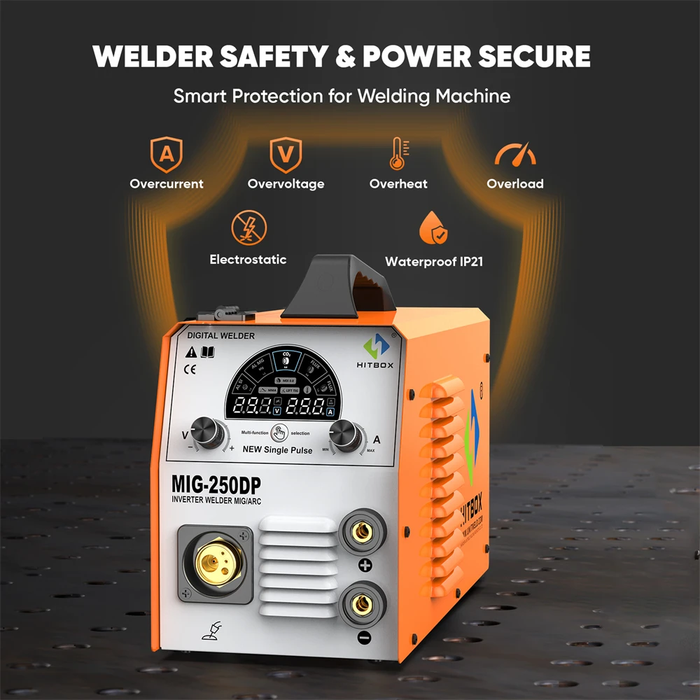 HITBOX MIG Inverter Welder 5 in 1 MMA/Gasless/Gas MIG/Lift TIG/Single Pulse Synergic Control MIG250DP Aluminum Welding Machine